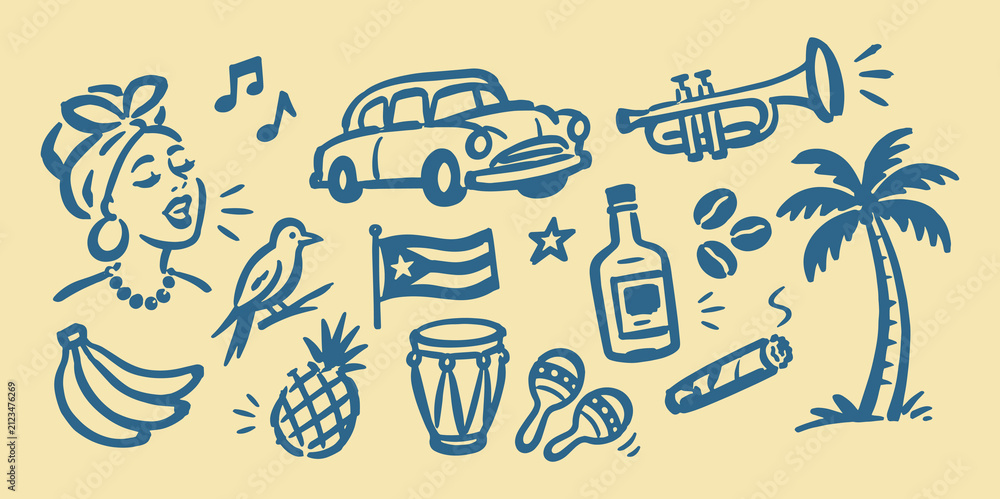Fototapeta premium Cuba Culture Doodle Vector Set Illustration