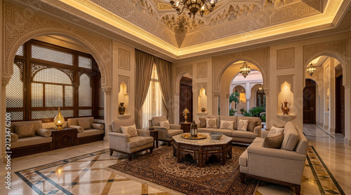Luxurious Oriental Living Room with Intricate Archways and Ornate Ceiling