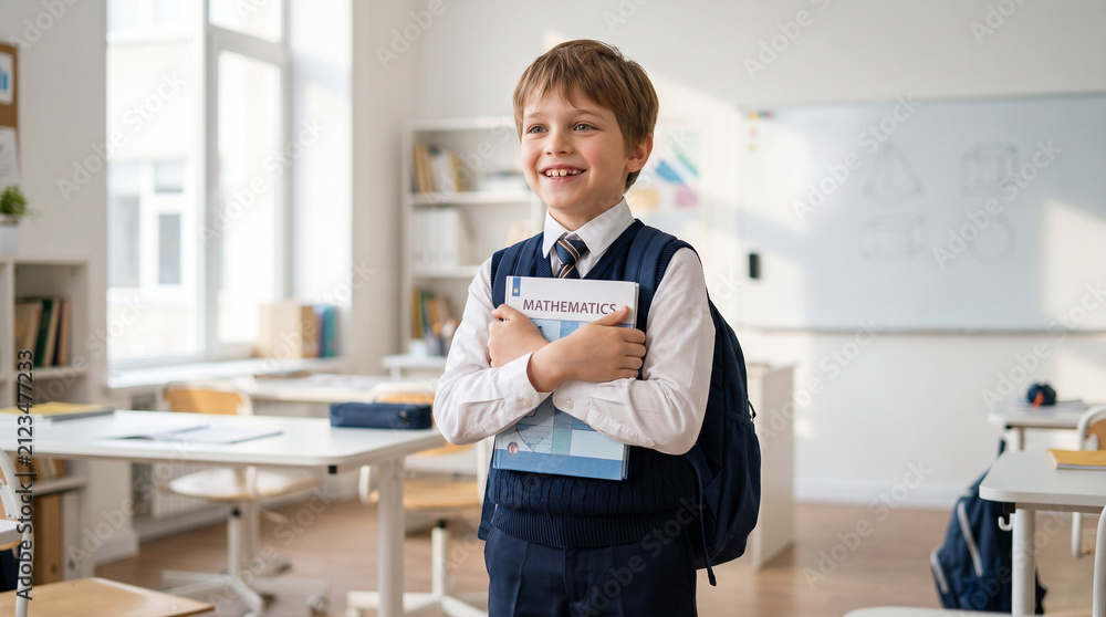 Fototapeta premium Young boy smiling while holding math books in classroom for back to school 