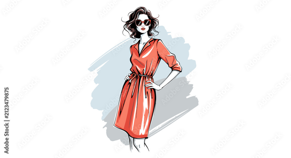 Fototapeta premium Stylized vector illustration of a fashion model wearing high-end couture apparel with minimalist line art, elegant pose, and modern aesthetic design suitable for creative marketing.
