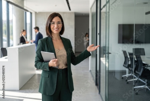 Businesswoman holding digital tablet, smiling and gesturing to a modern office meeting room