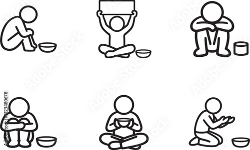 Poverty line icon set with homelessness, hunger and social aid symbols. Editable vector collection.
