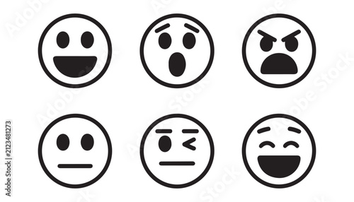 Foto Collection of six simple black and white smiley face icons showing different emotions on transparent background