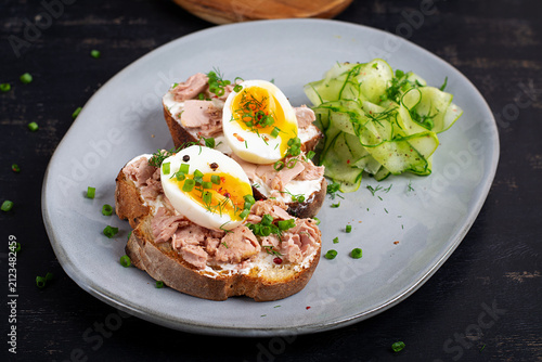 Overhead View of Healthy Tuna and Egg Breakfast Plate