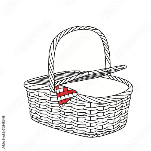 Wicker picnic basket with red checkered cloth