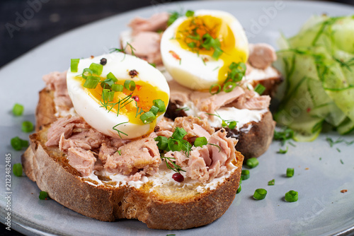 Healthy Brunch Plate with Tuna Toast and Cucumber Salad