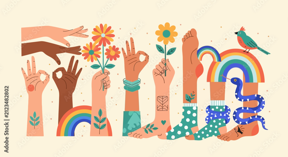 Fototapeta premium Flat vector illustration featuring whimsical elements, minimalist geometric shapes, and vibrant colors on a plain white background, suitable for contemporary web design and digital art.
