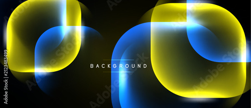 Abstract neon shapes overlap dark background. Blue, yellow hues create modern visual effect. Text reads background.