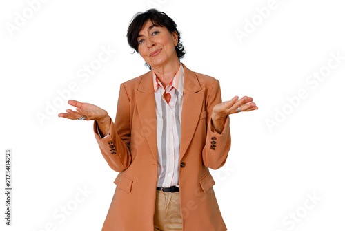 Mature businesswoman shrugging, feeling puzzled, confused, and unsure, making a who knows gesture. Transparent background