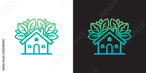 Eco friendly house logo set with green leaves growing from roof in line art style