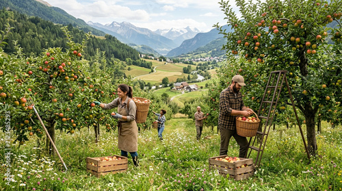 Farmers harvesting ripe apples in an orchard with a scenic mountain valley backdrop.