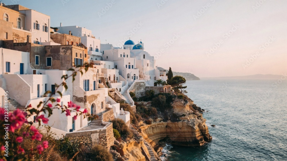 Fototapeta premium White mediterranean houses with blue domes on cliffs next to ocean with architecture destination buildings