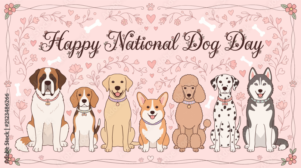 Fototapeta premium Whimsical watercolor illustration celebrating diverse breeds on festive floral background with stylized dogs varied _ National Dog Day