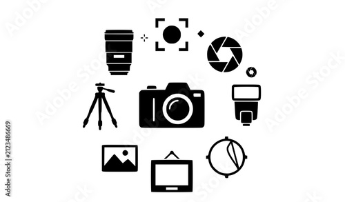 Set of black photography icons featuring camera equipment lens tripod flash and photo frame elements on white