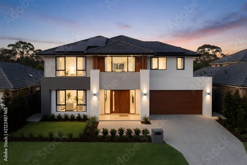 Modern two-story house bathed in warm evening light with expansive windows and landscaped garden