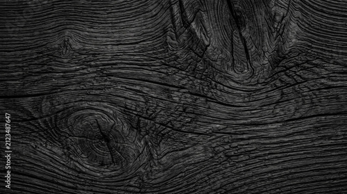 Black charred wood texture featuring natural timber grain and prominent knots.