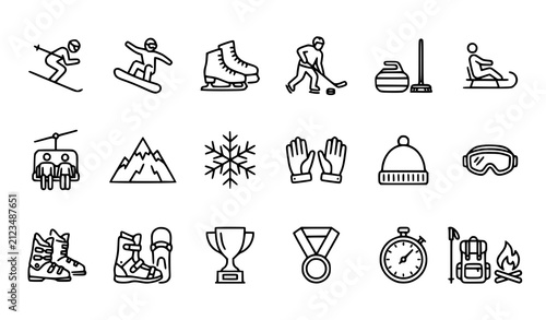 Set of hand drawn winter sports icons featuring skiing snowboarding ice skating hockey curling and mountain activities