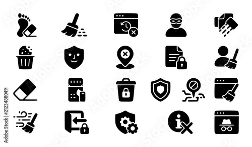 Set of black and white digital security and privacy icons for web and mobile application interface design