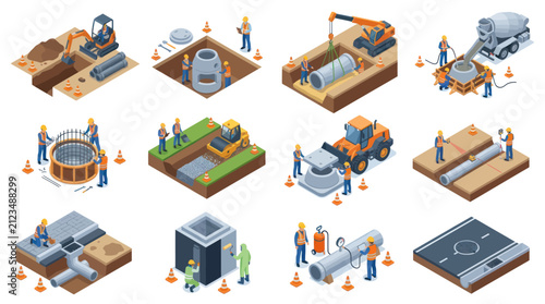 Construction of underground infrastructure and utilities with heavy machinery.