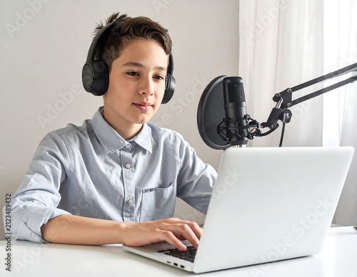 Young person using laptop with headphones and microphone