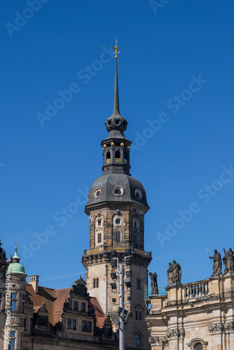 Hausmann Tower of Dresden Castle against a clear blue sky