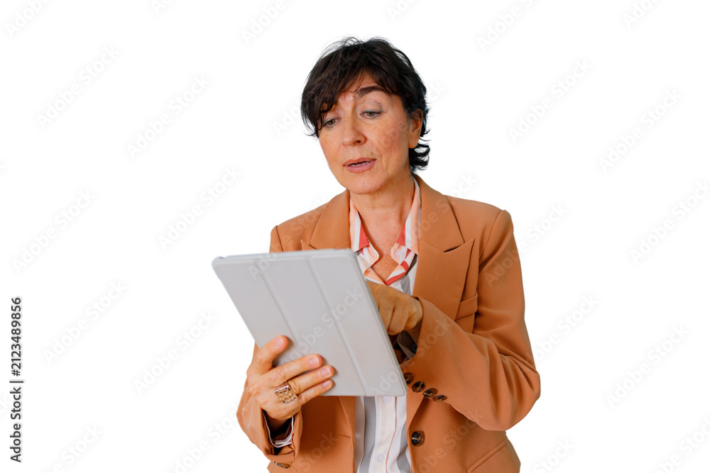 Obraz premium Professional businesswoman using a digital tablet for work, managing business and communicating on transparent background