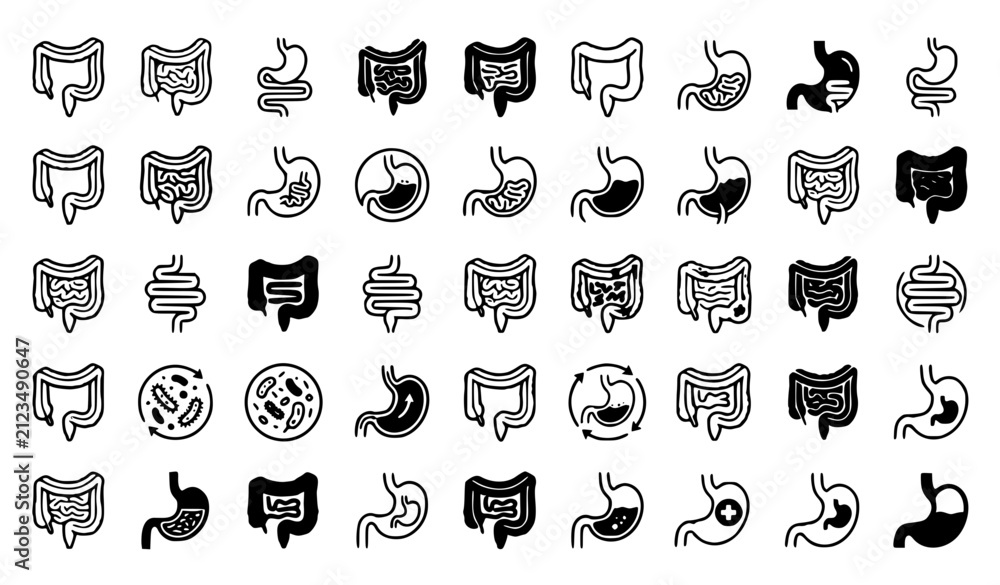 Fototapeta premium Digestive System Icon Set with Stomach, Intestines, Gut Health Bacteria, and Gastroenterology Symbols for Medical and Healthcare Designs