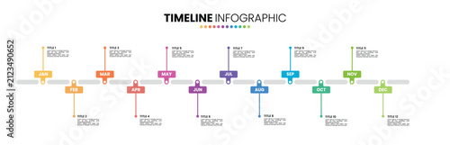 Timeline infographic presentation template 12 options. 12 month or 1 year calendar infographic template