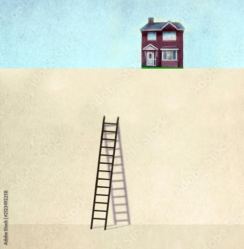 Short ladder leaning on a high wall with an inaccessible house