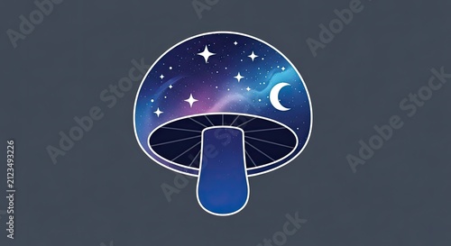Cosmic mushroom illustration with starry galaxy and crescent moon.