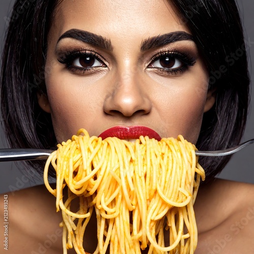 Young woman eating spaghetti from a fork, close-up shot, dark
