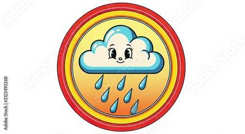 Cute cartoon cloud character with blue raindrops in circle.