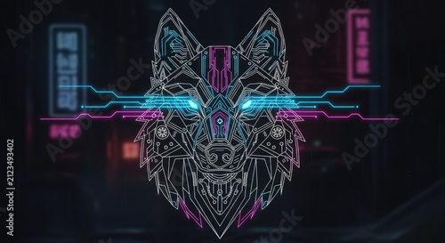 Cybernetic wolf head with glowing blue circuit lines.