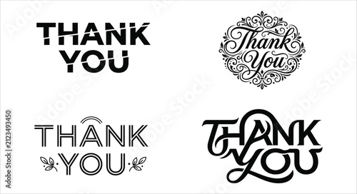 Elegant thank you text design in four creative styles isolated on white background