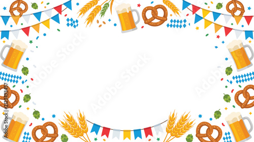 Bild auf Leinwand Festive Oktoberfest Border Featuring Beer Mugs Pretzels and Bunting