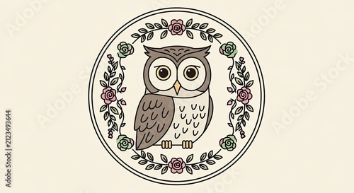Decorative owl illustration within a rose floral wreath.