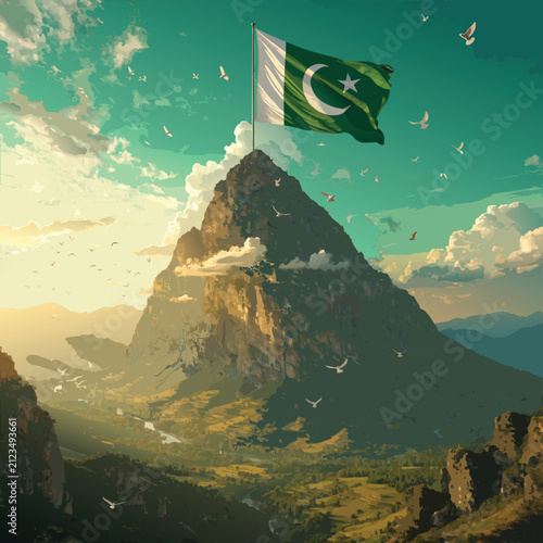 pakistan Flags Flying on a Mountain Peak Above Scenic Landscape with Blue Sky and Clouds