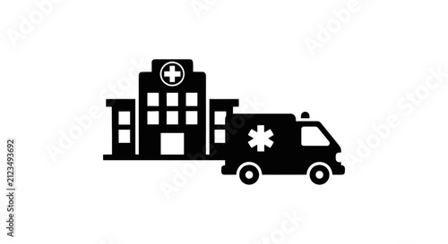 Vector illustration of hospital building and ambulance icon on a transparent background
