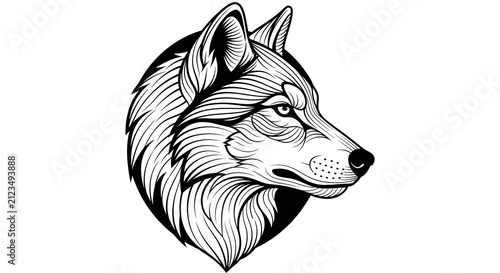 Detailed black and white wolf head illustration side profile.