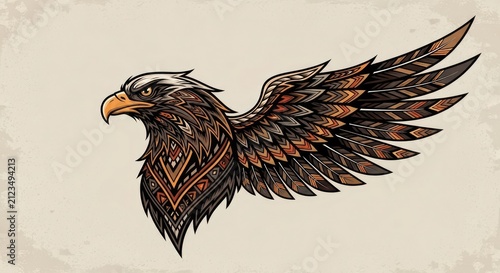Detailed eagle head with intricate ethnic pattern feathers.