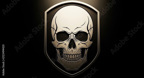 Detailed human skull emblem on metallic shield badge.