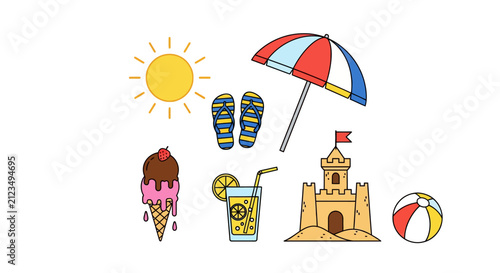Colorful beach summer vacation icons set.