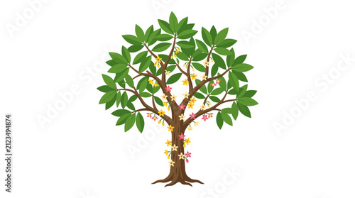 Stylized Blooming Tree with Green Leaves and Small Flowers