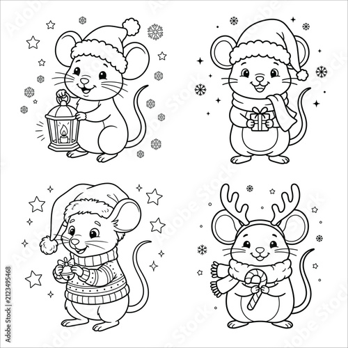 Cute cartoon mice with holiday accessories and gifts isolated on white background