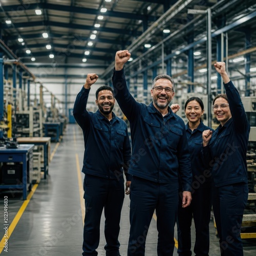 A diverse team of enthusiastic factory workers stands together in a well-lit industrial facility, triumphantly raising their fists in a gesture of shared accomplishment and successful production