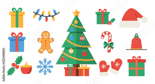 Colorful Christmas Tree And Decorations Icons.
