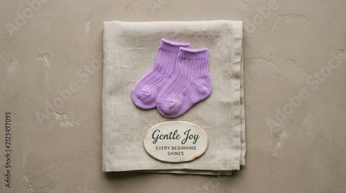 Purple knitted baby socks rest on a folded linen cloth with a ceramic plaque saying Gentle Joy, representing a warm and minimal newborn concept perfect for pregnancy announcements or nursery decor