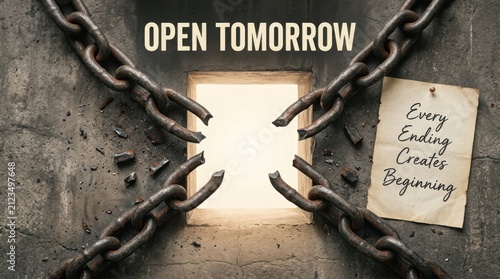 Strong broken iron chains snap open in front of a bright glowing window in a stone wall with a message about new beginnings and future hope for business and personal growth for a better tomorrow
