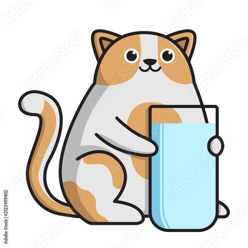 Cute cartoon cat sitting and holding a tall glass of fresh water in flat style