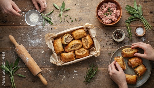 Artisanal sausage rolls with fresh herbs